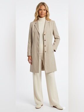 VALIA, Made in Canada long Tan Linen Frock Coat/Jacket. Blazer style. Size 10